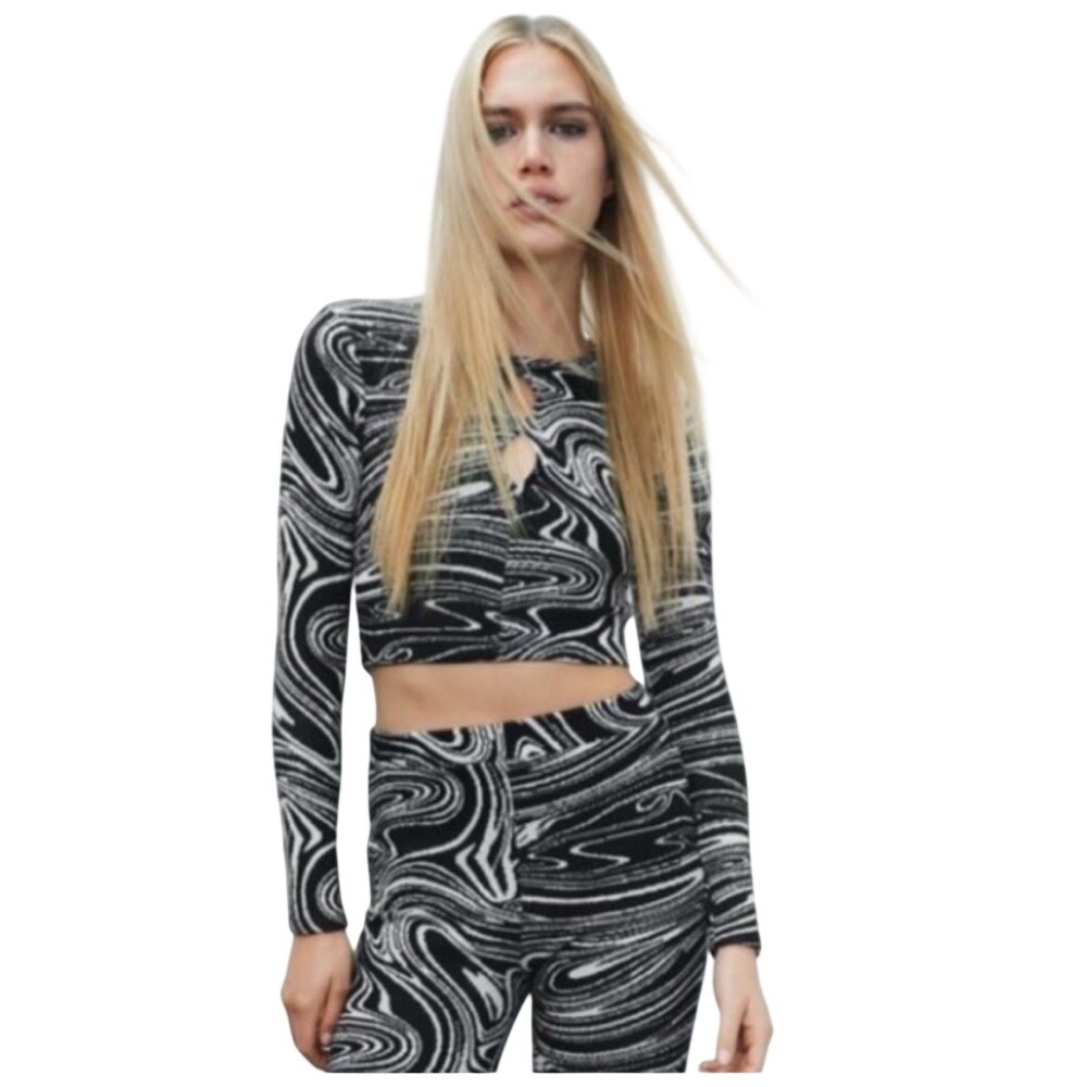 Zara Women Black White Marble Swirl Print Keyhole Long Sleeve Crop Top Medium
